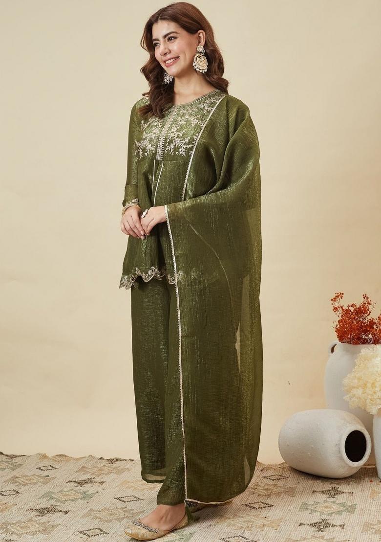 Mehendi Thread Work Silk Kurta Set - Indya