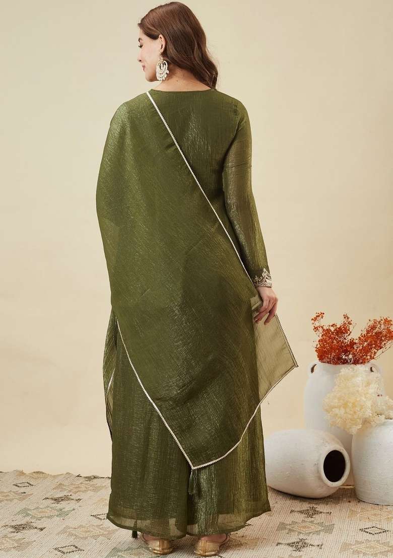 Mehendi Thread Work Silk Kurta Set - Indya