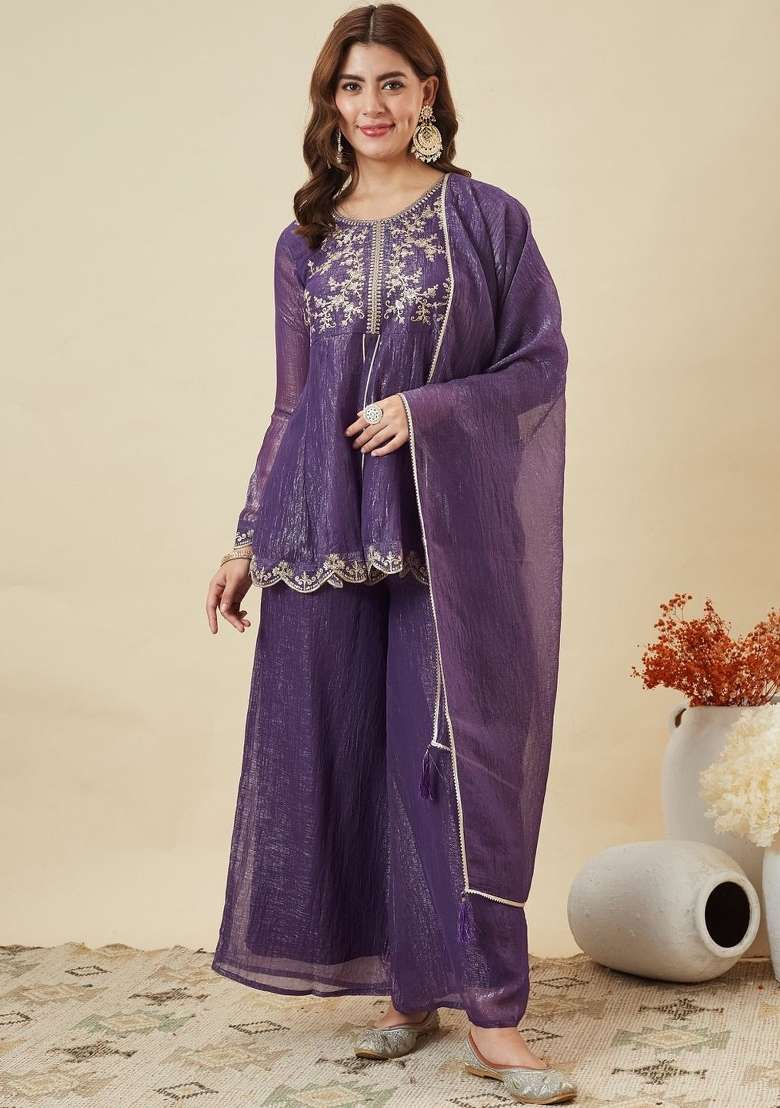 Purple Thread Work Silk Kurta Set - Indya
