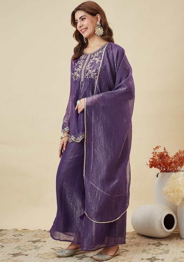 Purple Thread Work Silk Kurta Set - Indya