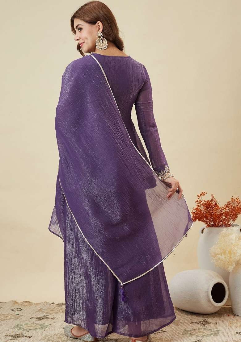 Purple Thread Work Silk Kurta Set - Indya