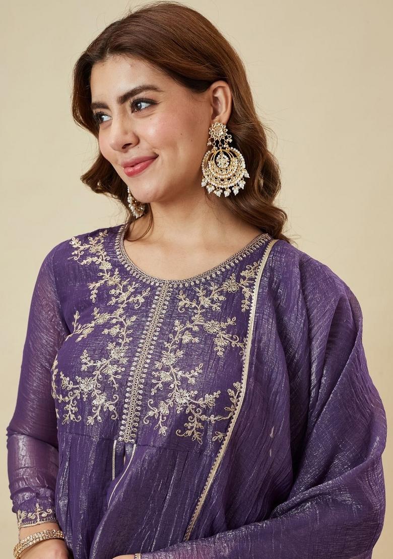 Purple Thread Work Silk Kurta Set - Indya