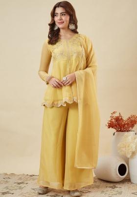 Yellow Thread Work Silk Kurta Set