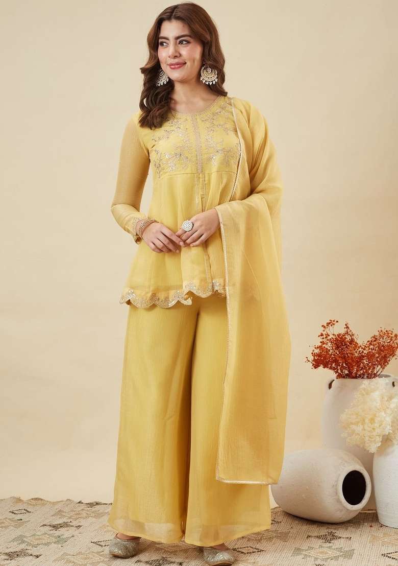 Yellow Thread Work Silk Kurta Set - Indya