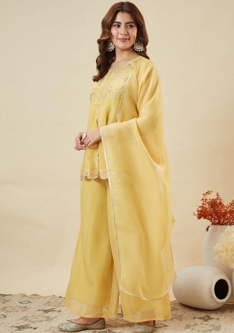 Yellow Thread Work Silk Kurta Set - Indya