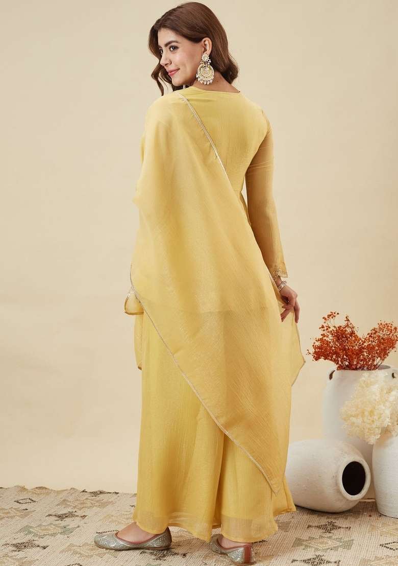 Yellow Thread Work Silk Kurta Set - Indya