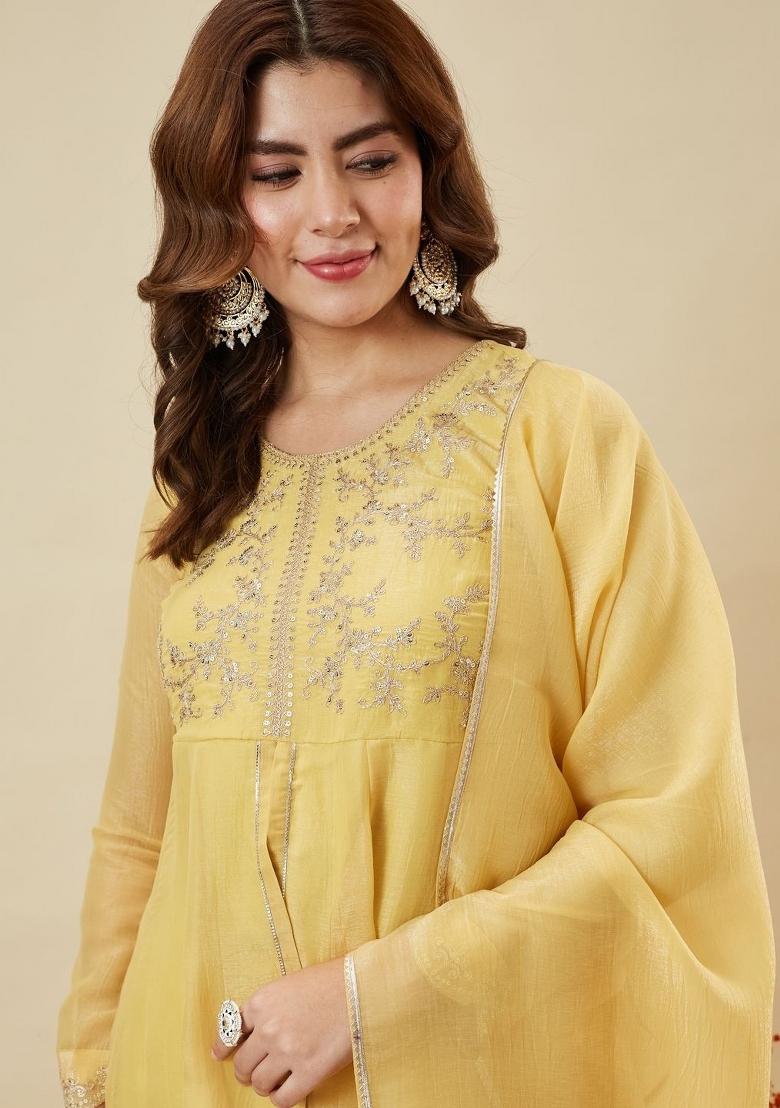 Yellow Thread Work Silk Kurta Set - Indya
