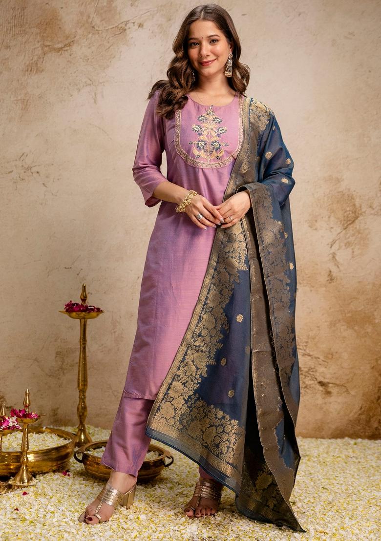 Pink Thread Work Kurta Set - Indya