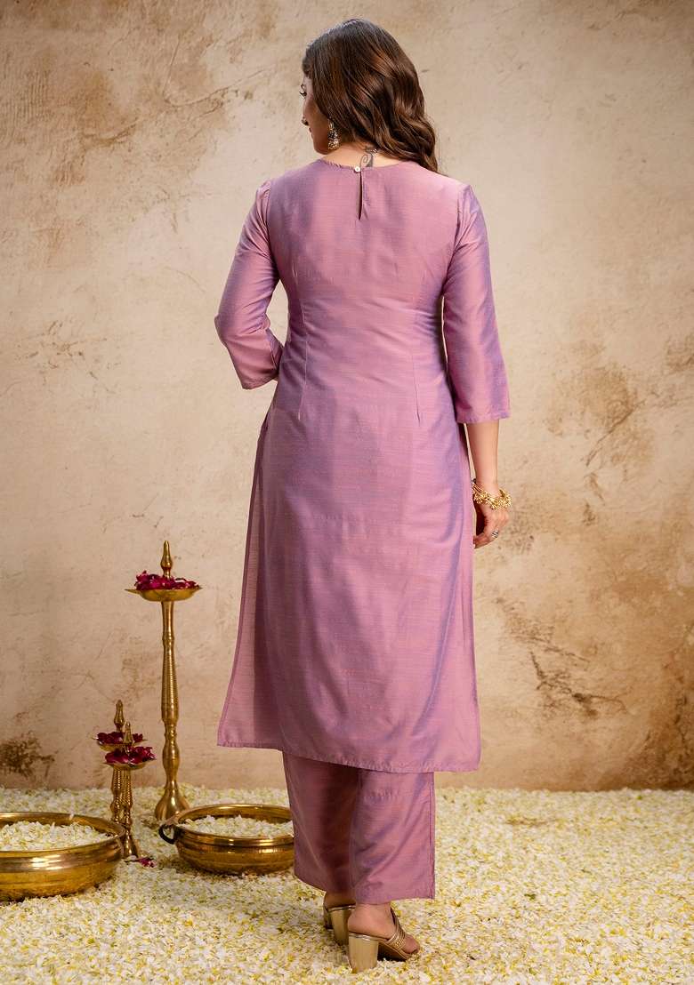 Pink Thread Work Kurta Set - Indya