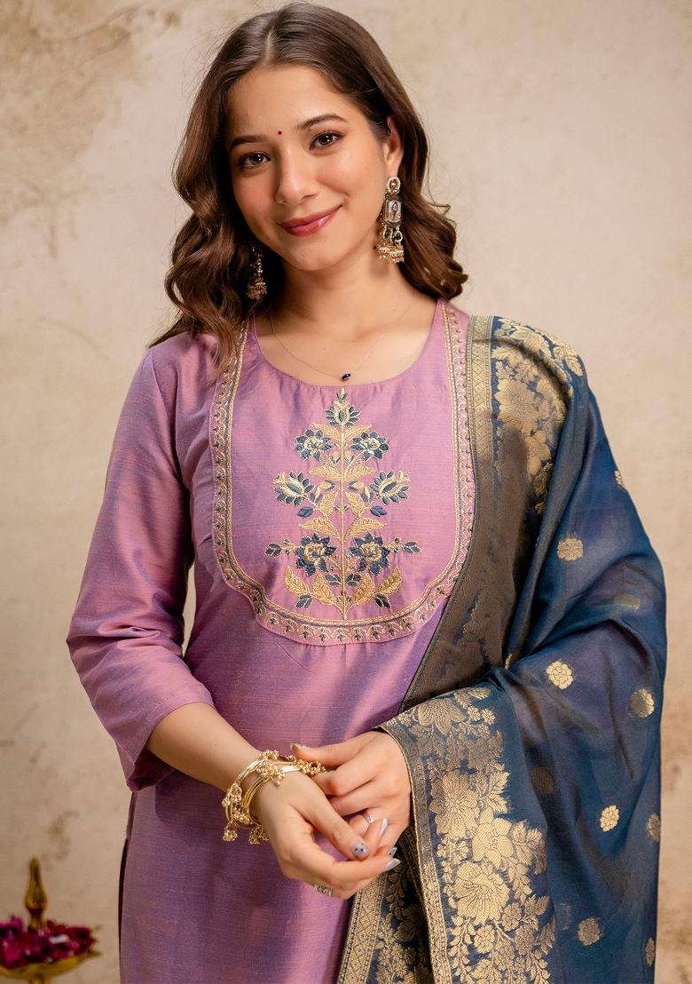 Pink Thread Work Kurta Set - Indya