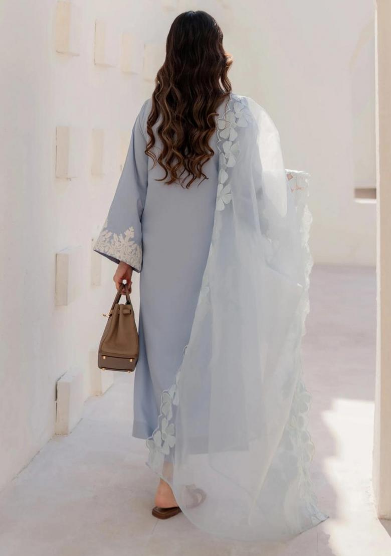 Light Blue Thread Work Silk Kurta Set - Indya
