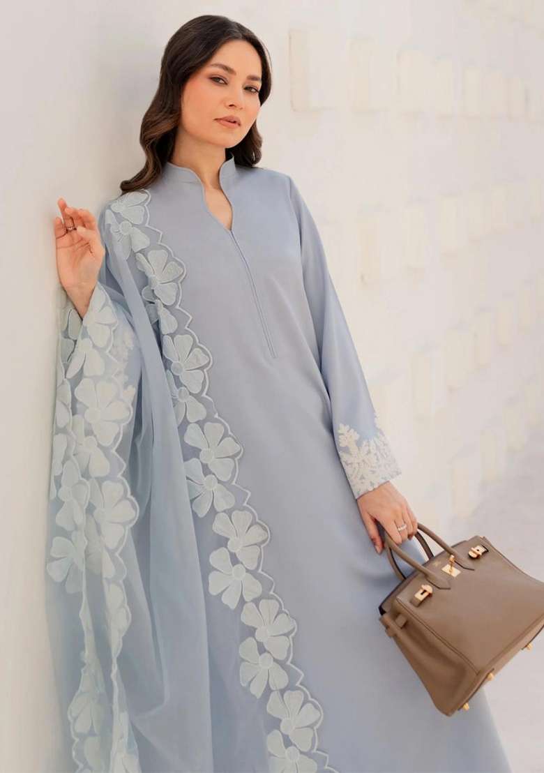 Light Blue Thread Work Silk Kurta Set - Indya