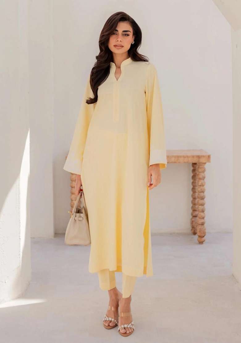 Yellow Thread Work Silk Kurta Set - Indya