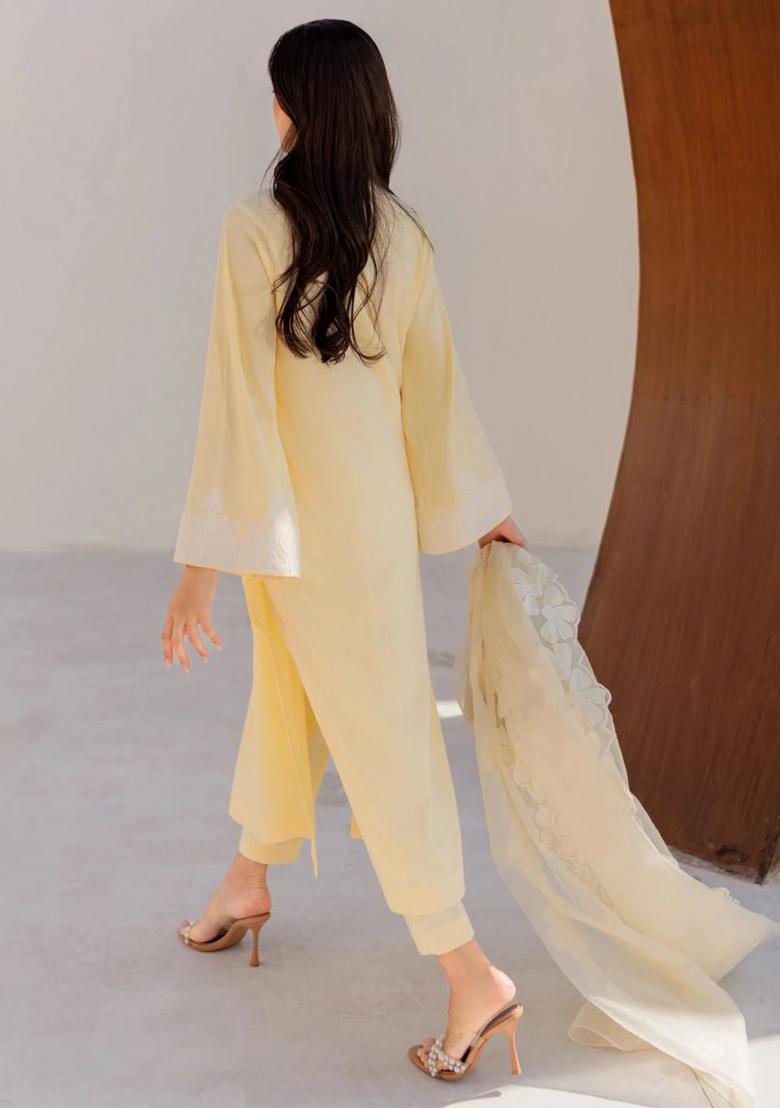 Yellow Thread Work Silk Kurta Set - Indya