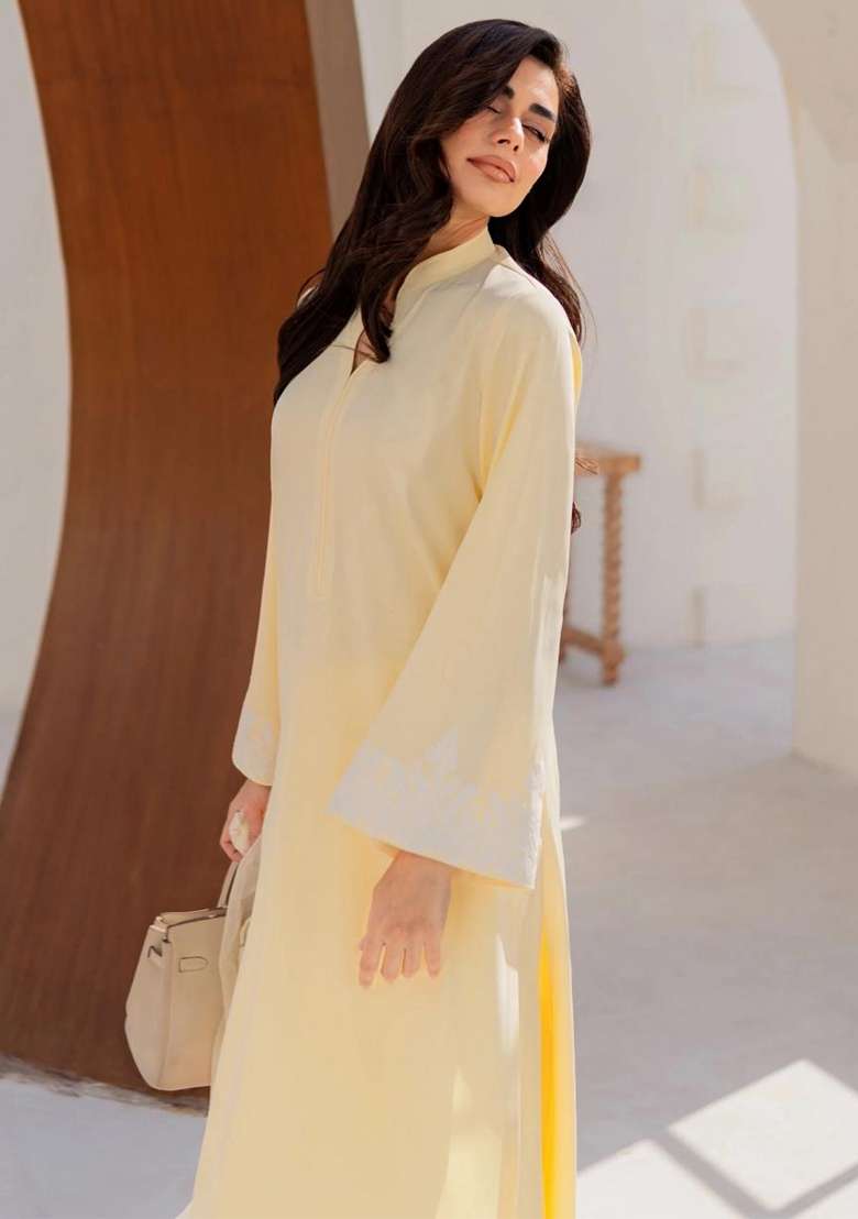 Yellow Thread Work Silk Kurta Set - Indya