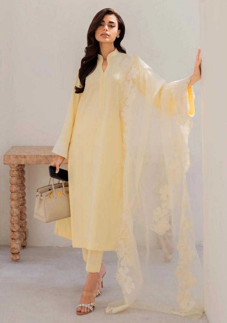 Yellow Thread Work Silk Kurta Set - Indya