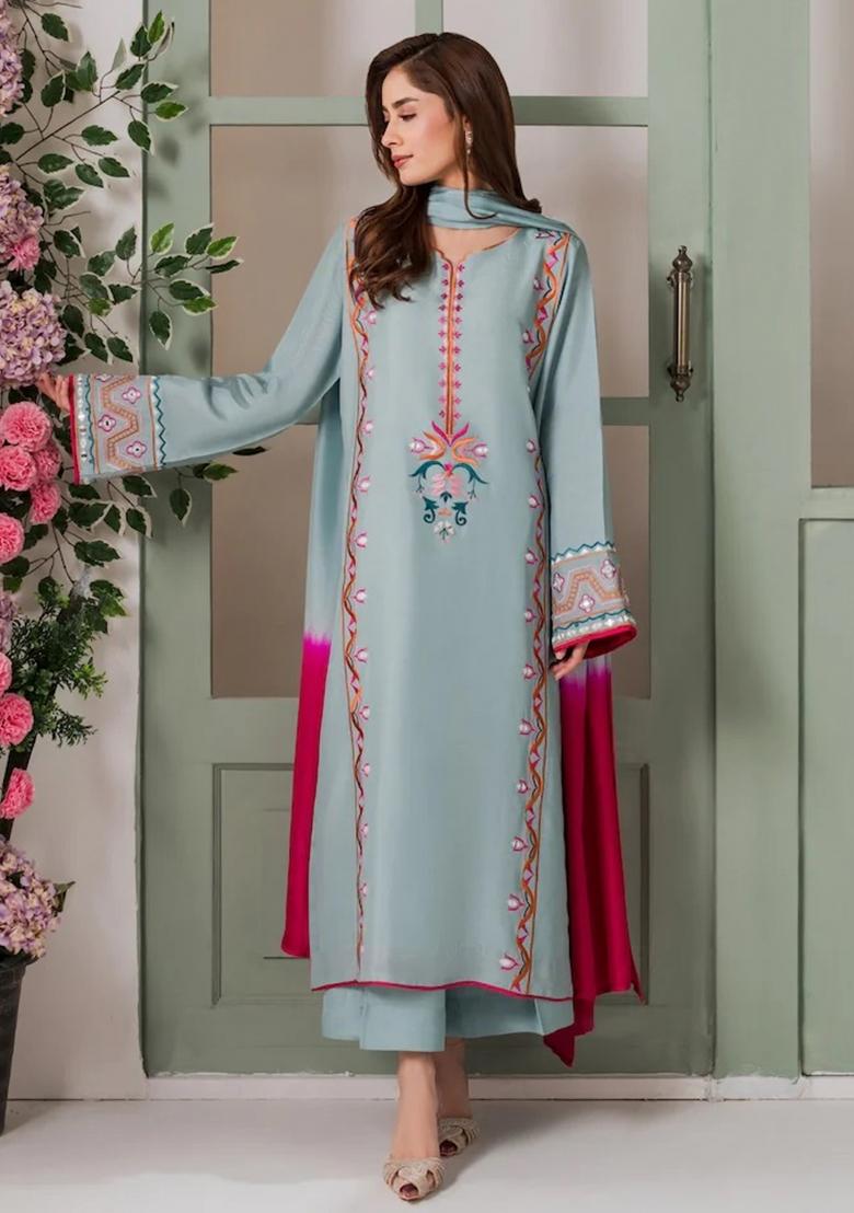 Light Blue Thread Work Crepe Kurta Set - Indya