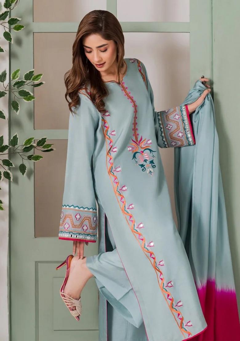 Light Blue Thread Work Crepe Kurta Set - Indya