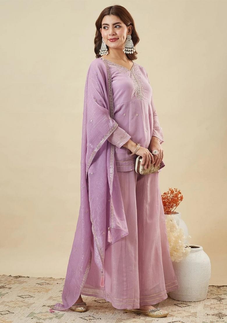 Lavender Embroidered Silk Kurta Set - Indya