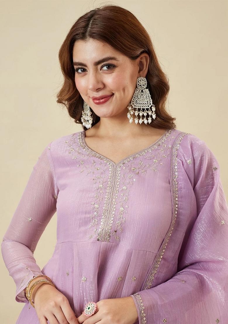 Lavender Embroidered Silk Kurta Set - Indya