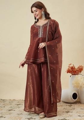 Brown Embroidered Silk Kurta Set