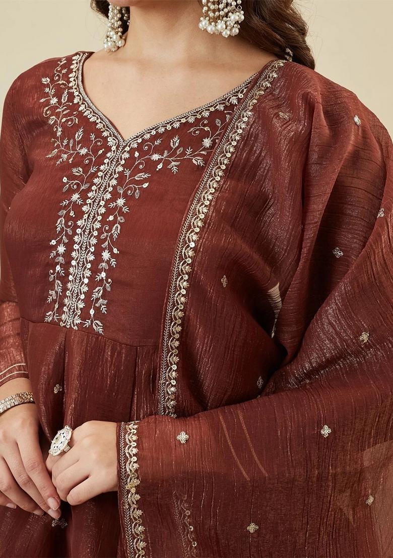Brown Embroidered Silk Kurta Set - Indya