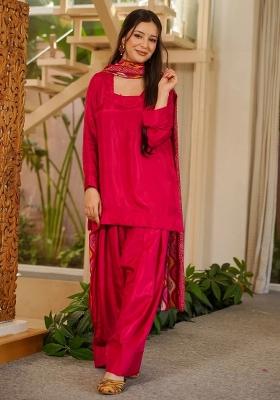 Rani Pink Plain Silk Kurta Set