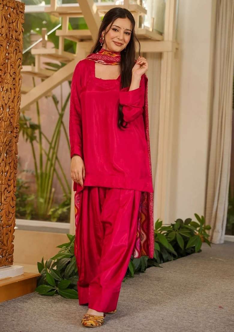 Rani Pink Plain Silk Kurta Set - Indya