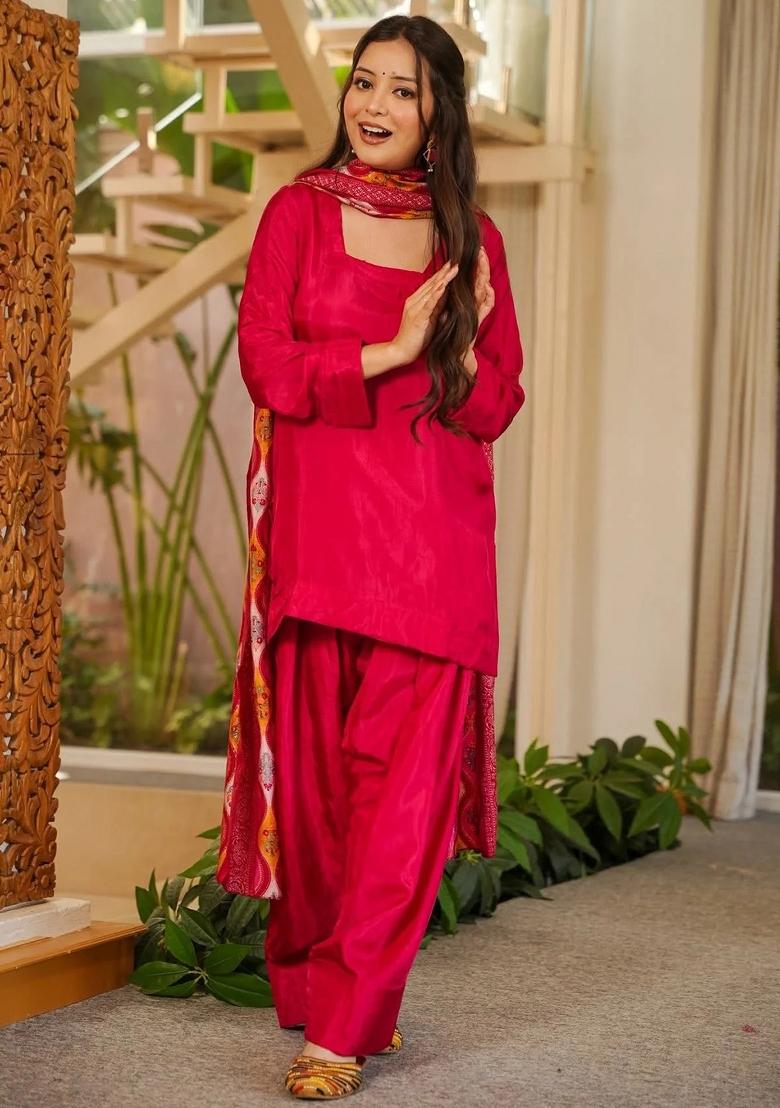 Rani Pink Plain Silk Kurta Set - Indya