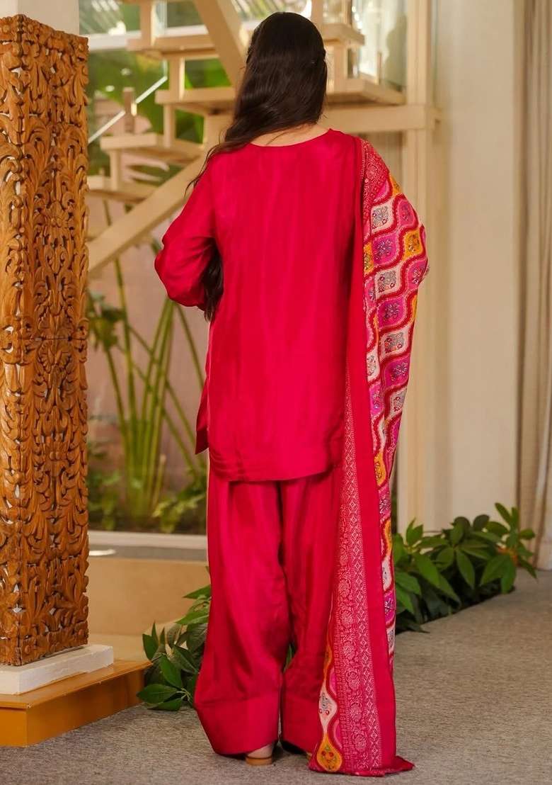 Rani Pink Plain Silk Kurta Set - Indya