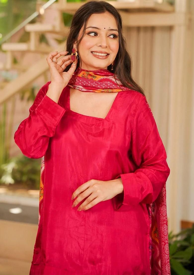 Rani Pink Plain Silk Kurta Set - Indya