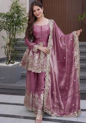 Onion Pink Embroidered Silk Kurta Set