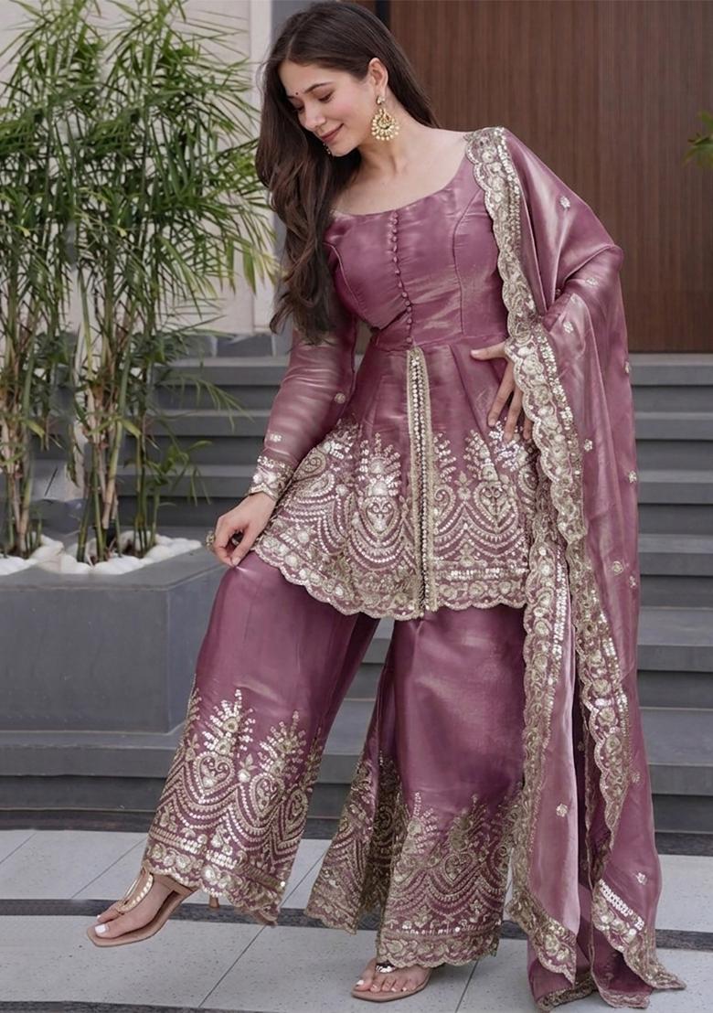 Onion Pink Embroidered Silk Kurta Set - Indya
