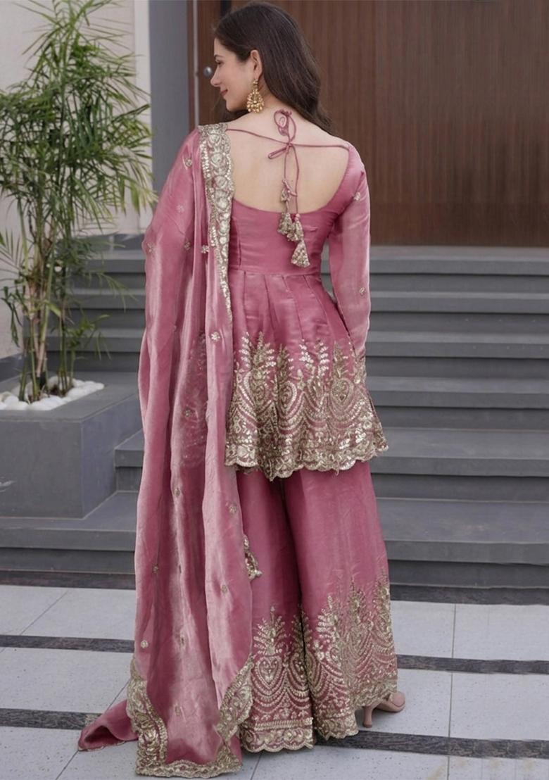 Onion Pink Embroidered Silk Kurta Set - Indya