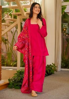Rani Pink Plain Silk Kurta Set