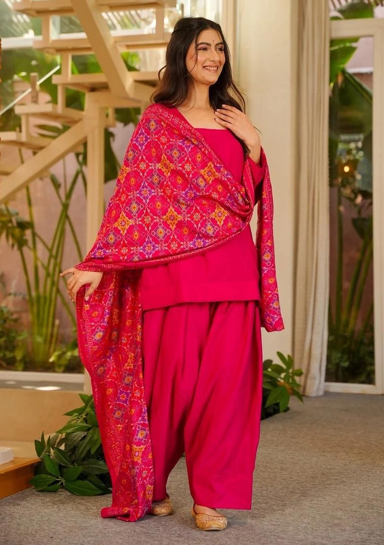 Rani Pink Plain Silk Kurta Set - Indya