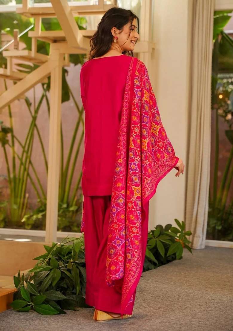 Rani Pink Plain Silk Kurta Set - Indya