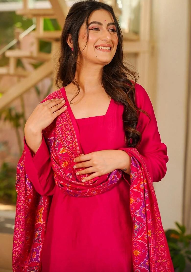 Rani Pink Plain Silk Kurta Set - Indya