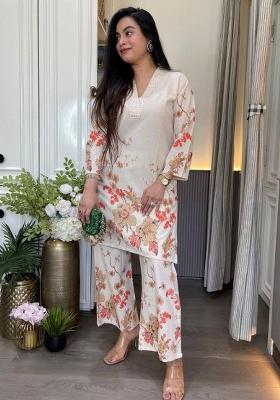 Cream Printed Cotton Kurta Set