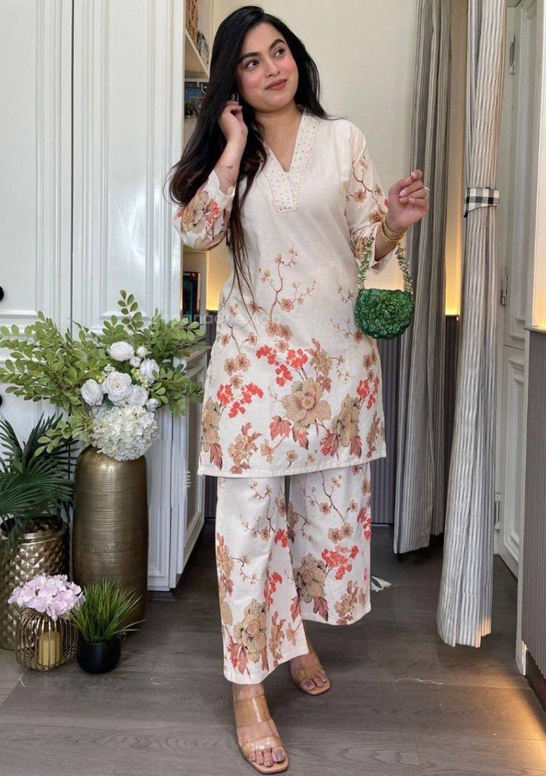 Cream Printed Cotton Kurta Set - Indya