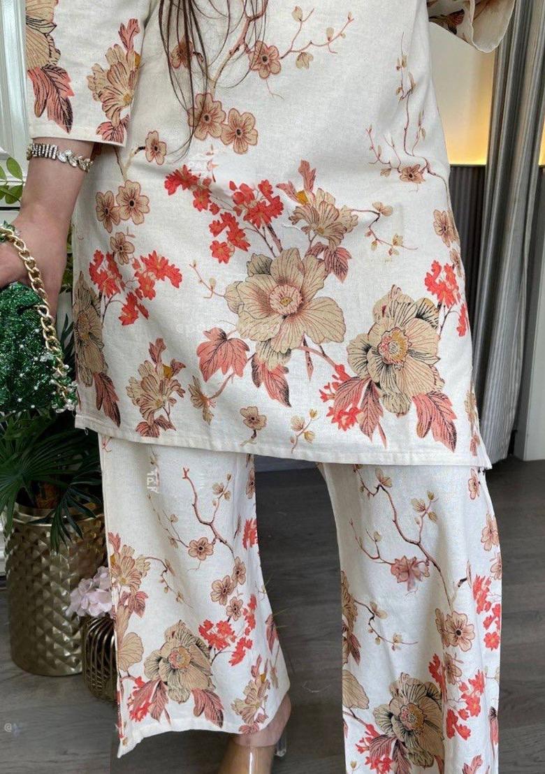Cream Printed Cotton Kurta Set - Indya
