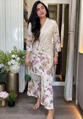 Cream Printed Cotton Kurta Set