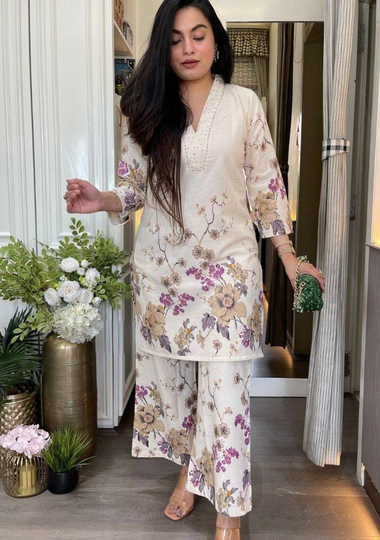 Cream Printed Cotton Kurta Set - Indya