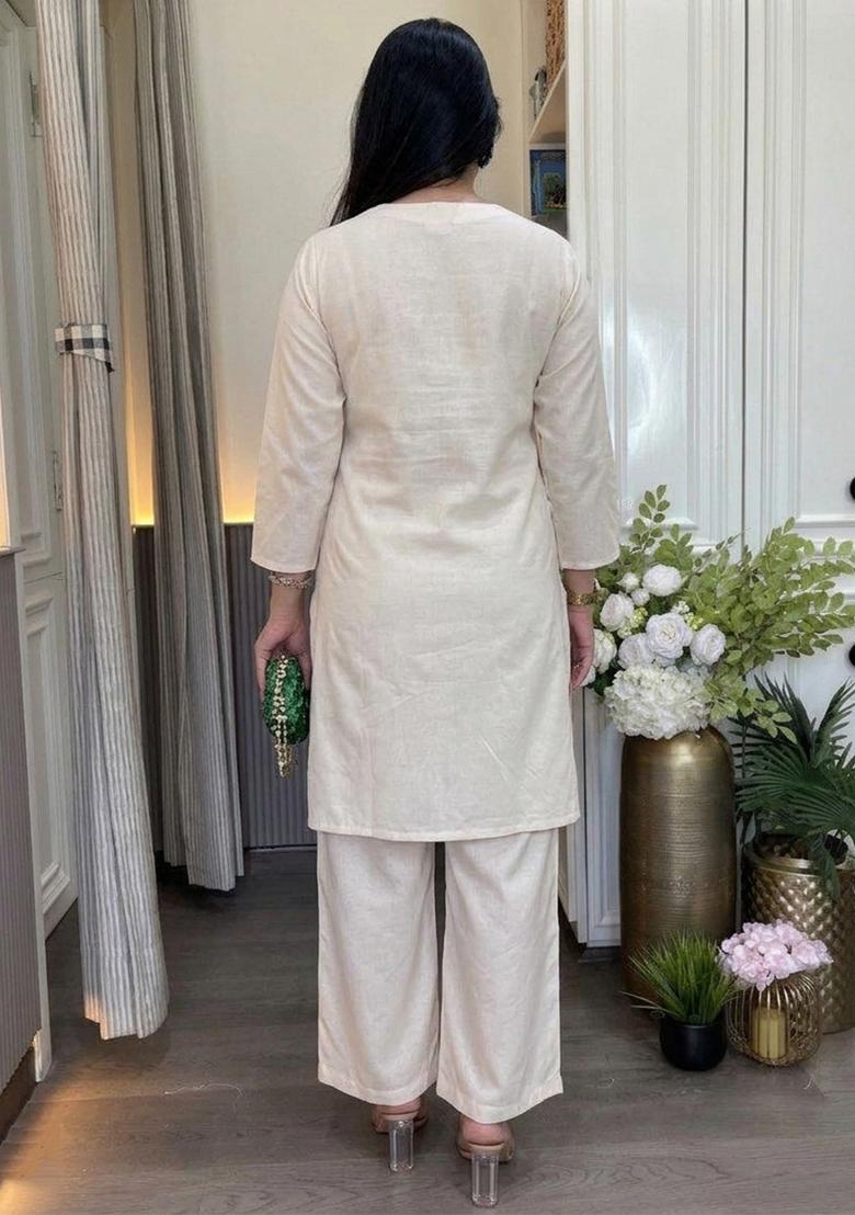 Cream Printed Cotton Kurta Set - Indya