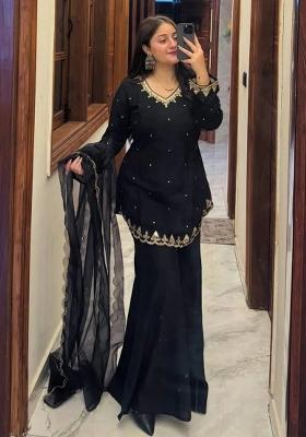 Black Embroidered Silk Kurta Set