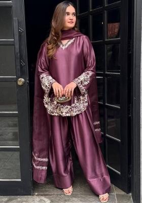 Wine Thread Work Silk Kurta Set