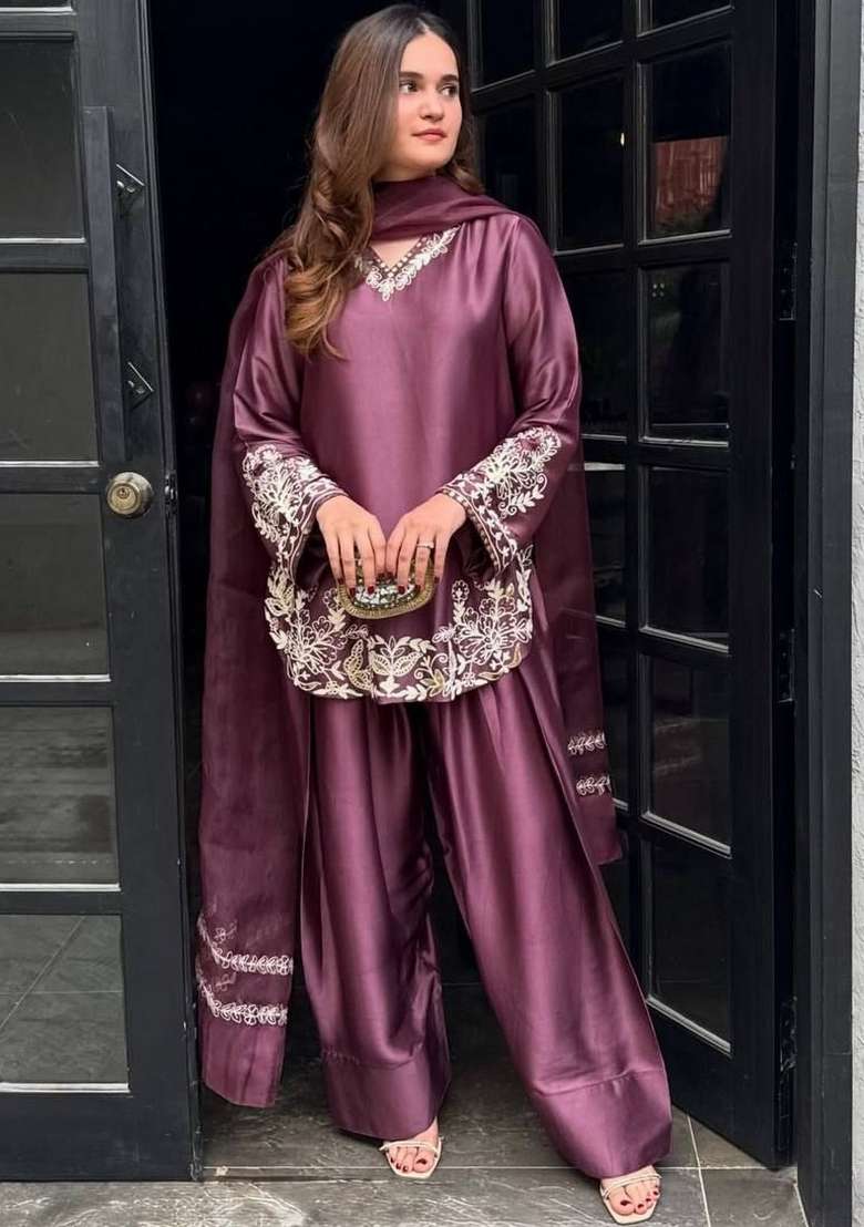 Wine Thread Work Silk Kurta Set - Indya