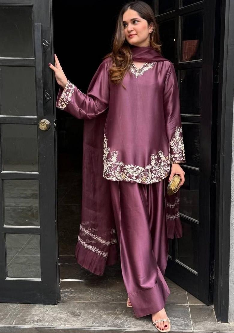 Wine Thread Work Silk Kurta Set - Indya