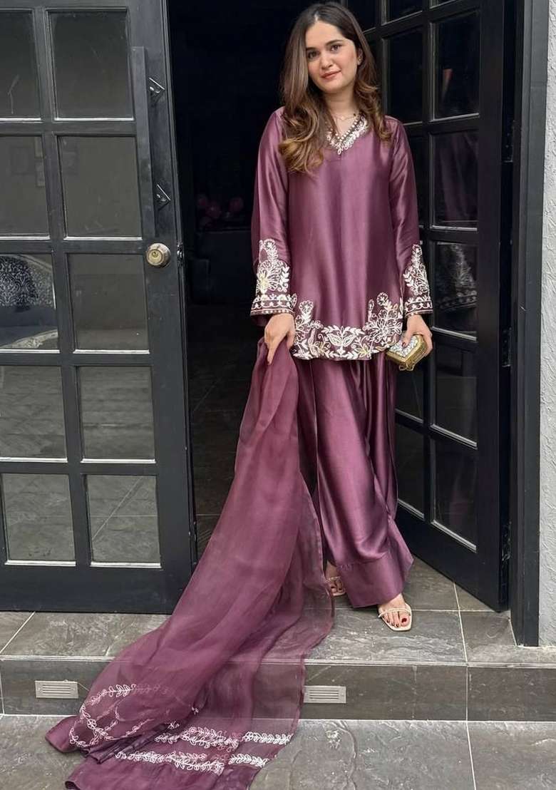 Wine Thread Work Silk Kurta Set - Indya