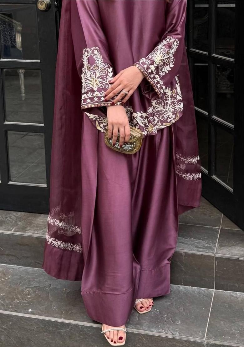 Wine Thread Work Silk Kurta Set - Indya